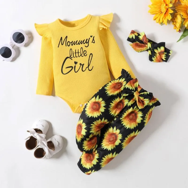 Ensembles de vêtements pour bébés filles, manches longues, lettres imprimées, barboteuse côtelée, pantalons, bandeaux, trois pièces, maman, bébé, pyjama assorti, vêtements pour filles de 3 mois