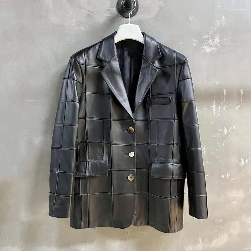 Women's Leather Regular Length Coat Women Spring And Autumn 2023 Fashion Square Grid Splicing Process Suit Style Single Breasted