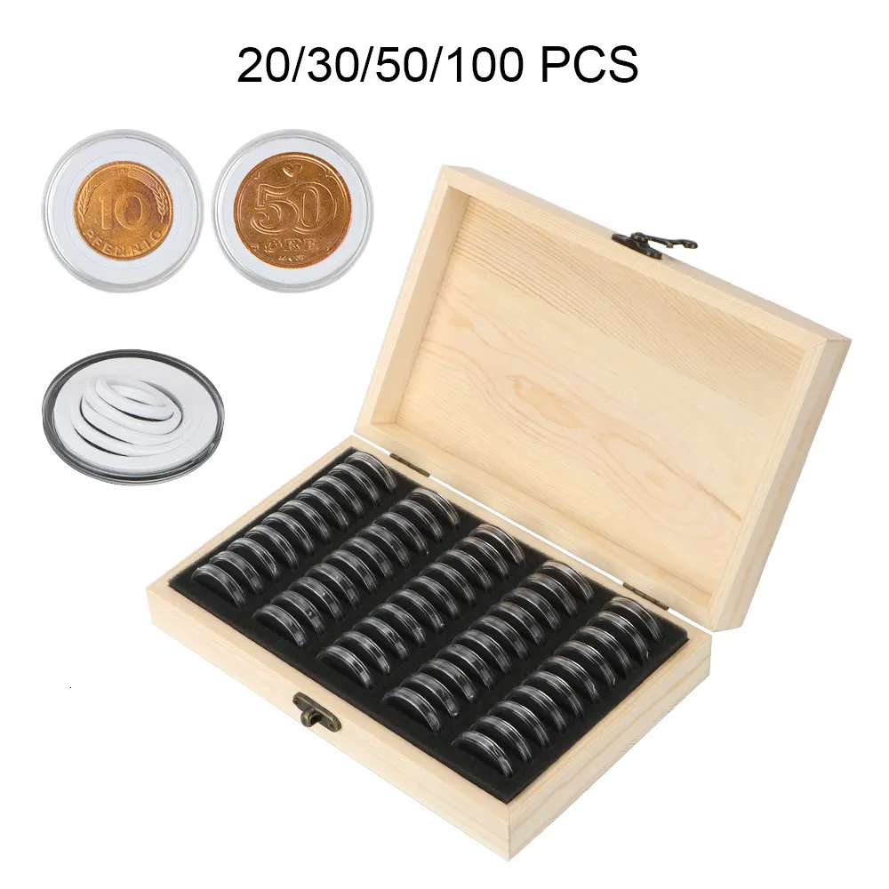 Aufbewahrungsboxen, Behälter, 203050, 100 Stück, Münzbox mit Einstellpolster, verstellbar, antioxidativ, Gedenkmünzen-Sammelbox aus Holz, 230907