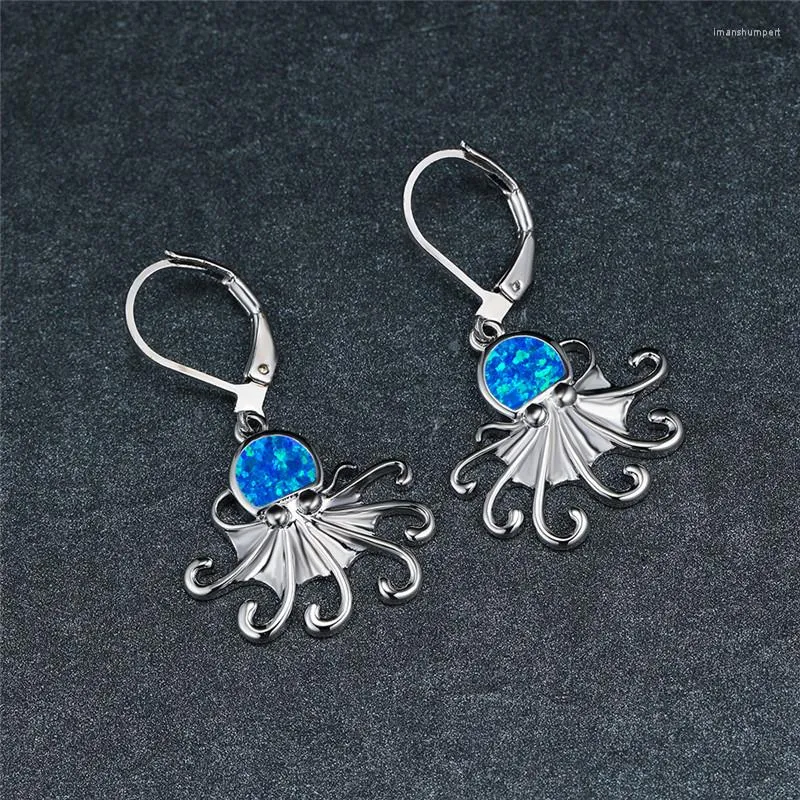 Boucles d'oreilles créoles pour femmes, mignon, Animal de l'océan, poulpe, blanc, bleu, opale, breloque en pierre, couleur or, mariage pour femmes