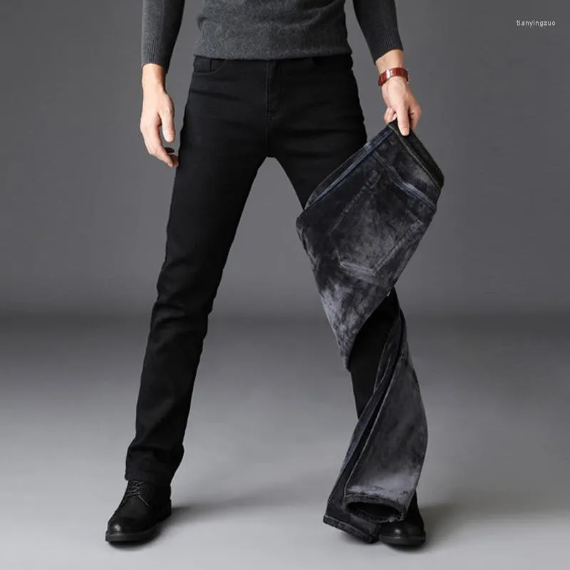 Men's Jeans 2024 Men Fashion Winter Black Color Slim Fit Stretch Thick Velvet Pants Warm Denim Casual Fleece Trousers Male