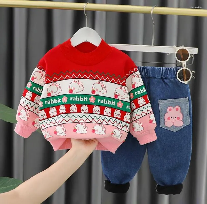 Ensembles de vêtements Noël Fille Polaire Tenues 6 à 12 mois Stripe Animal Pull Sweat-shirt Jeans Épaissir Deux pièces Garçons Bébé
