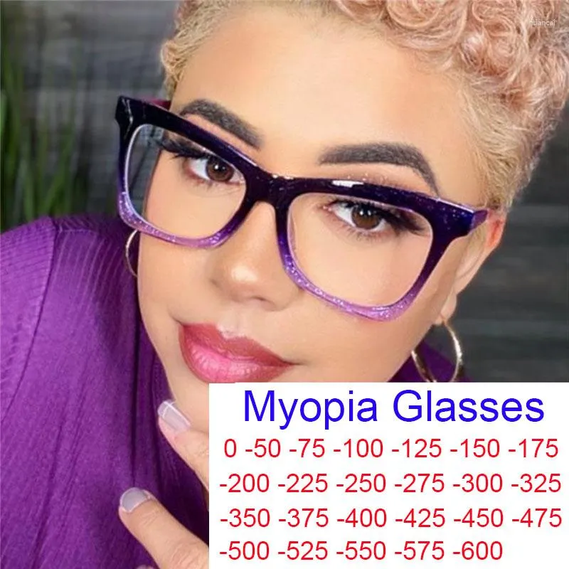 Güneş gözlükleri moda kare gradyan miyopi gözlükleri kadınlar büyük çerçeve anti -mavi ışık optik bilgisayar net reçetesi -1 -2 -2.5 -3
