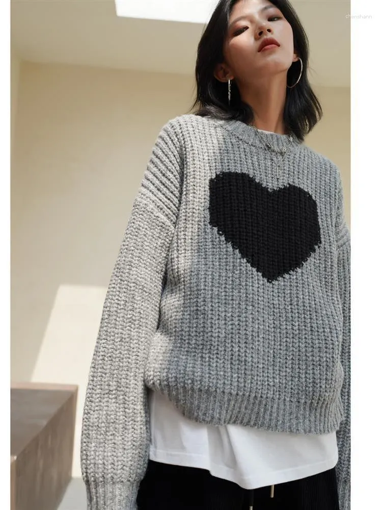 Women's Sweaters Autumn Winter Women Sweater Black Love Pattern O-Neck Full Pullovers Loose Knitwear All-match