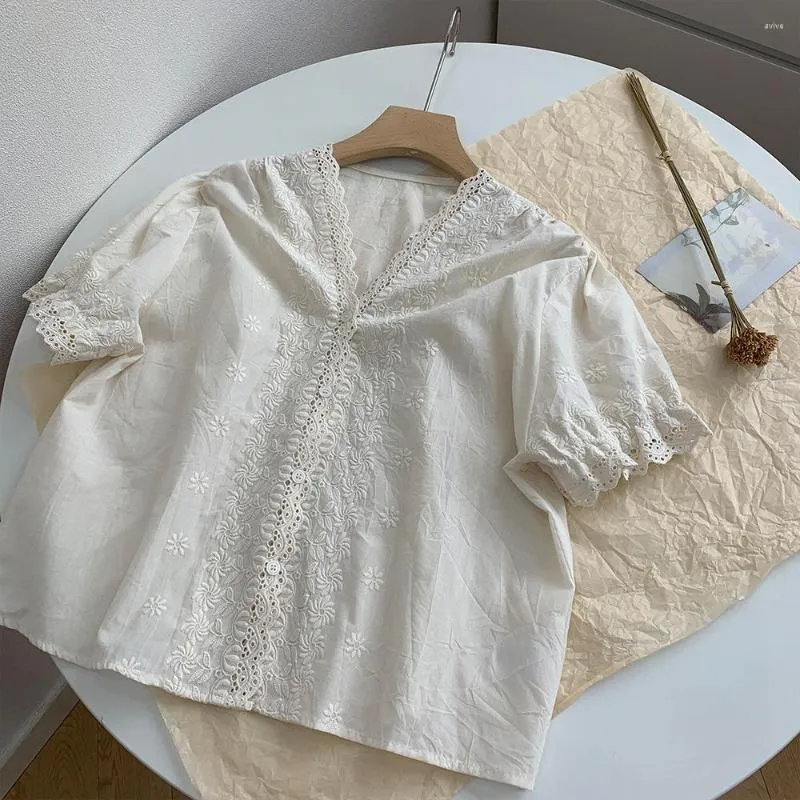 Damesblouses Vintage Frenchy Katoen Borduursel Pofmouw V-hals Stijlvol Shirt Oogje Kant Elegant Luxe Rococo Victoriaans Chic Blouse