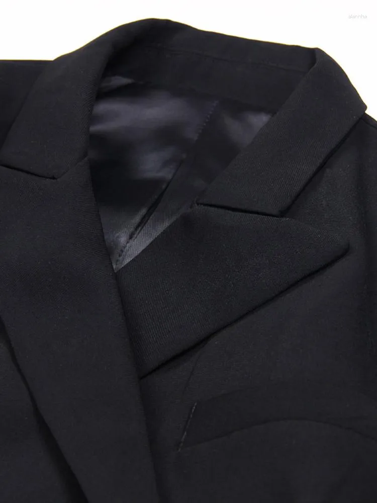 レディーススーツ女性ジャケットコート秋の冬のノッチ付きオフィスレディーブラックアウターウェアダブル胸部ボタン用のエレガントなベルト付きロングブレザー