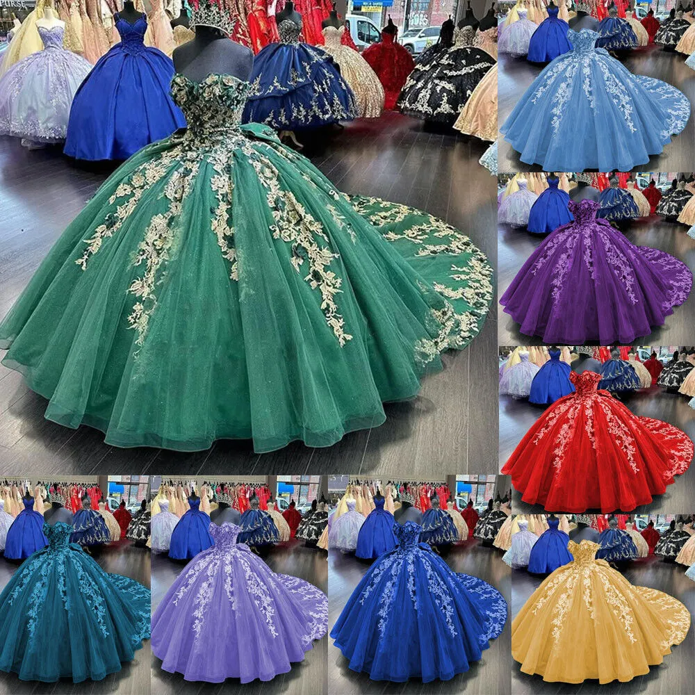 Koyu yeşil quinceanera elbiseler 3D çiçek aplike tül omuzdan boncuklu tatlı 15 16 doğum günü balo elbisesi özel yapılmış 328 328