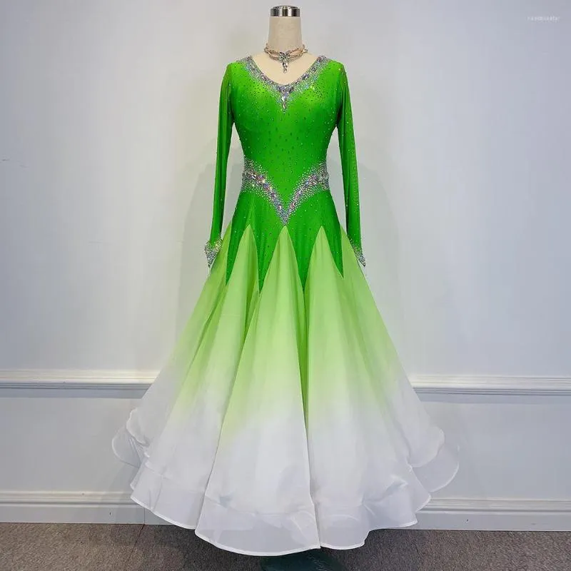 Scene Wear Women Ballroom Competition Dance Dresses 2023 Advanced Green On White Standard Modern Waltz Lady Dancing kjol