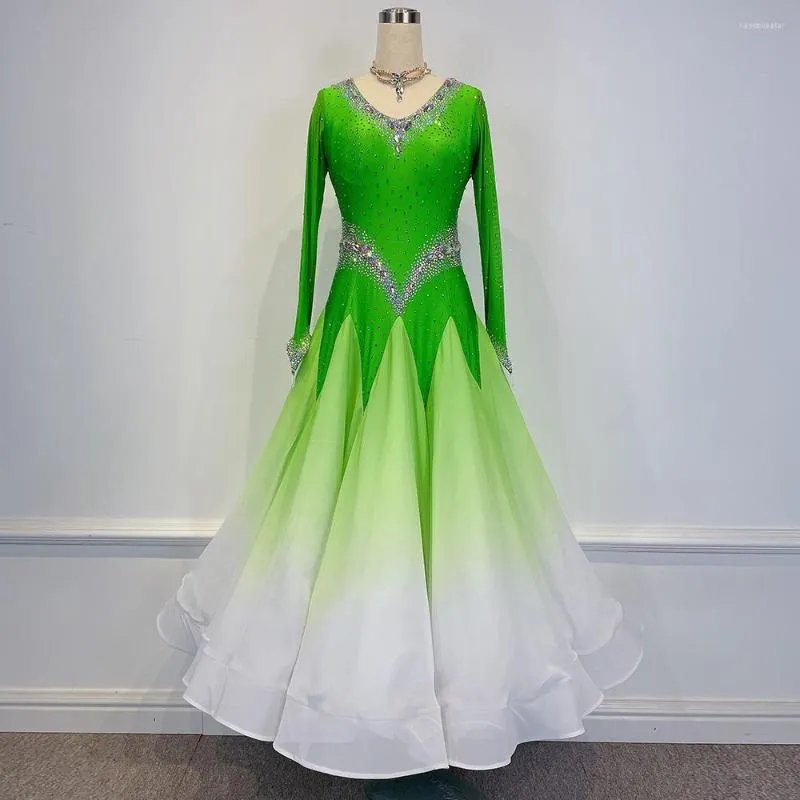 Stage Wear Femmes Concours de salle de bal Robes de danse 2023 Avancé Vert sur blanc Standard Moderne Valse Dame Jupe de danse