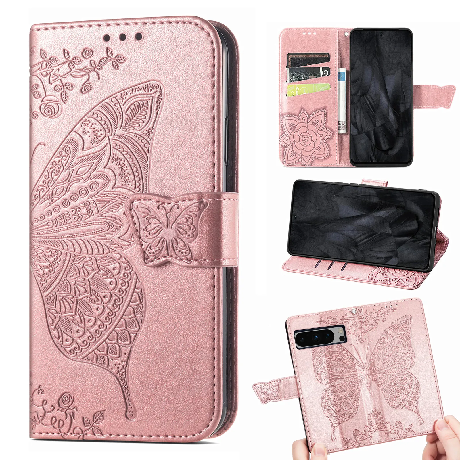 Étuis en cuir de portefeuille de papillon d'impression 3D pour Google Pixel 8 Pro 7A 7 6A 6 5A 5 4 XL 4A porte-carte support à rabat couverture de téléphone de fleur en relief Conque