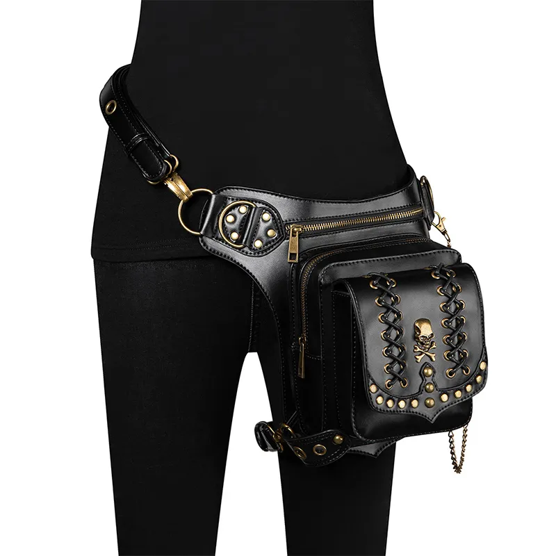 DHgate Gothic Waist Bag Skull Studded Crossbody Bag Steampunk Halloween Outdoor Purse Y2K Style Bag Black Bags Luggage Accessories