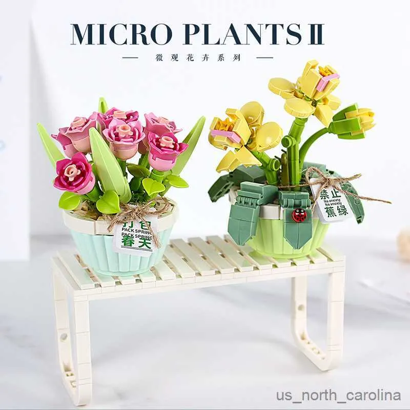 Blocks Building Blocks Flower DIY Green Plant Bouquet Potted Model Flower Block Home Decoration Girl Gift Children's Toys R230907