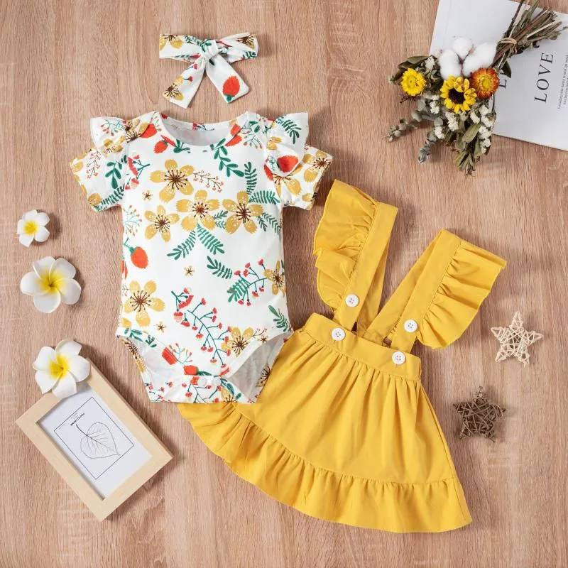 Kledingsets Jarretelrokje Baby Zomer Babyoutfits Meisjes Set Tops Hoofdband Bloemenmouwen Korte Romper Prinses Broek Kleden