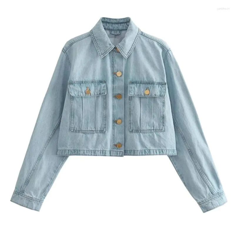 Kadın Ceketleri Maxdutti Blue tek göğüslü gündelik kot ceket ceket için kadınlar Amerikan retro eski yıkanmış cepler kargo bombardıman uçağı