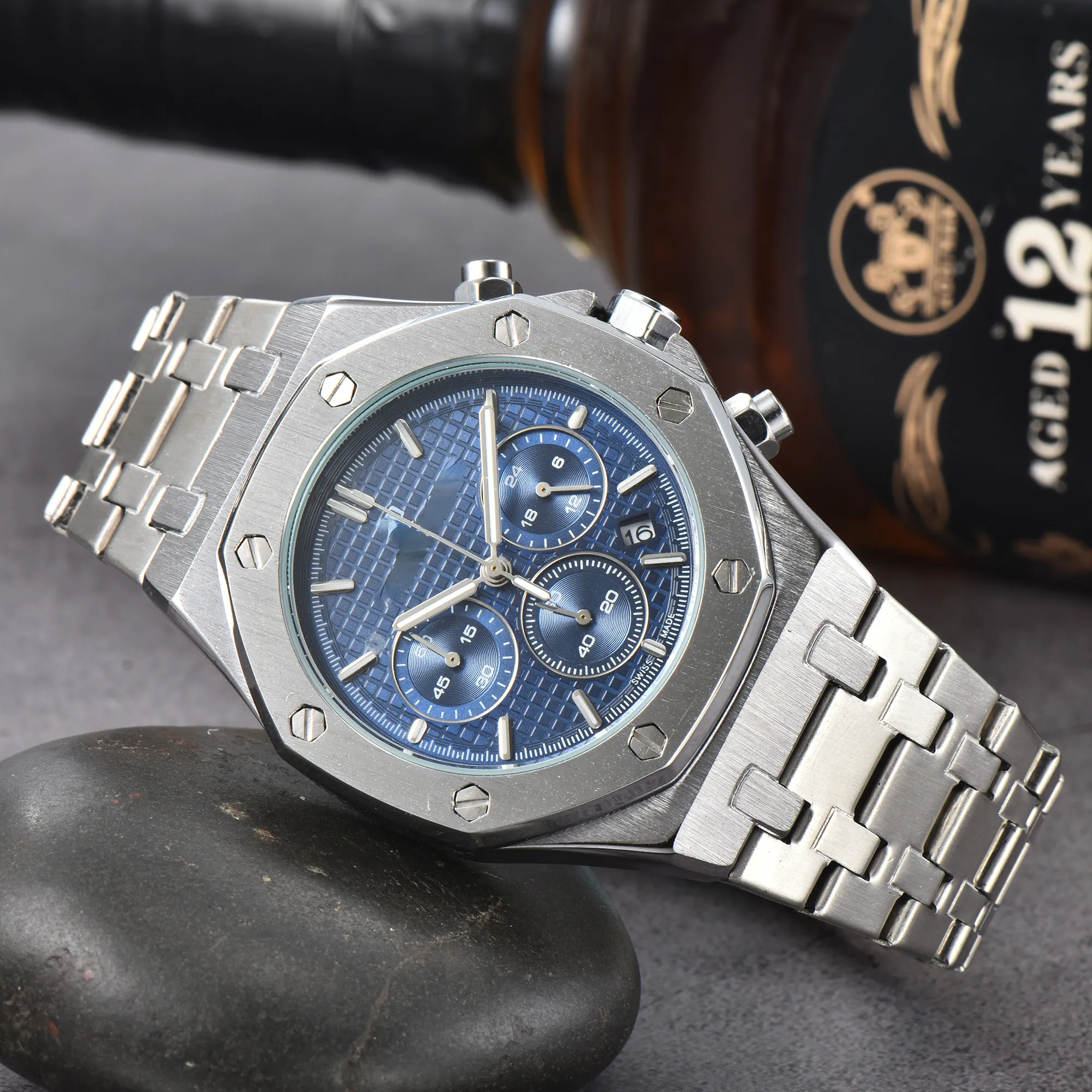Men s Stainless Steel Chronograph Wrist Watch with Date Quartz Movement Folding Buckle 41mm Blue Dial Silver Band