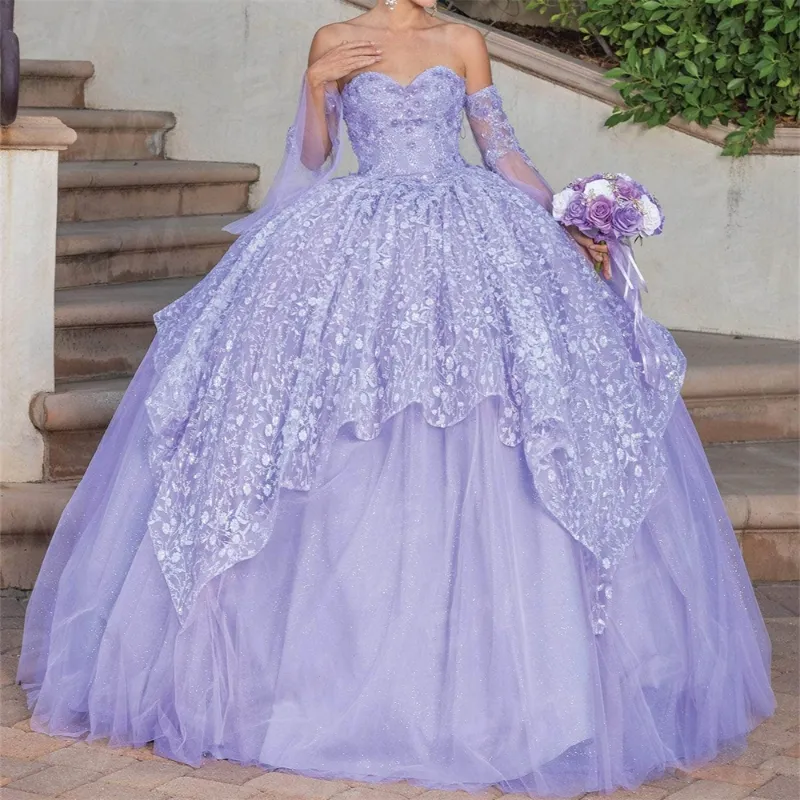 Purple Shiny Princess Sweetheart Quinceanera Dress Applique Lace Tulle Off-shoulder Prom Dresses Ball Gown For Women vestidos de 15