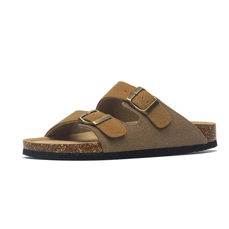 Slippare Summer Men's Cork Slippers Suede Leather Mule Clogs tofflor Man Soft Cork Two Buckle Beach Slides Skodon för män 45 230907