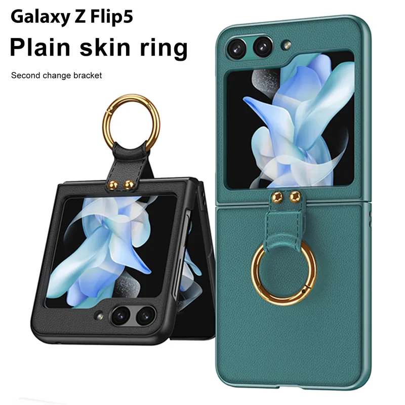 Capa de telefone luxuosa de couro com padrão de lichia Vogue para Samsung Galaxy Z dobrável Flip4 Flip5 5G membrana protetora completa suporte de cor sólida concha dobrável com suporte de anel