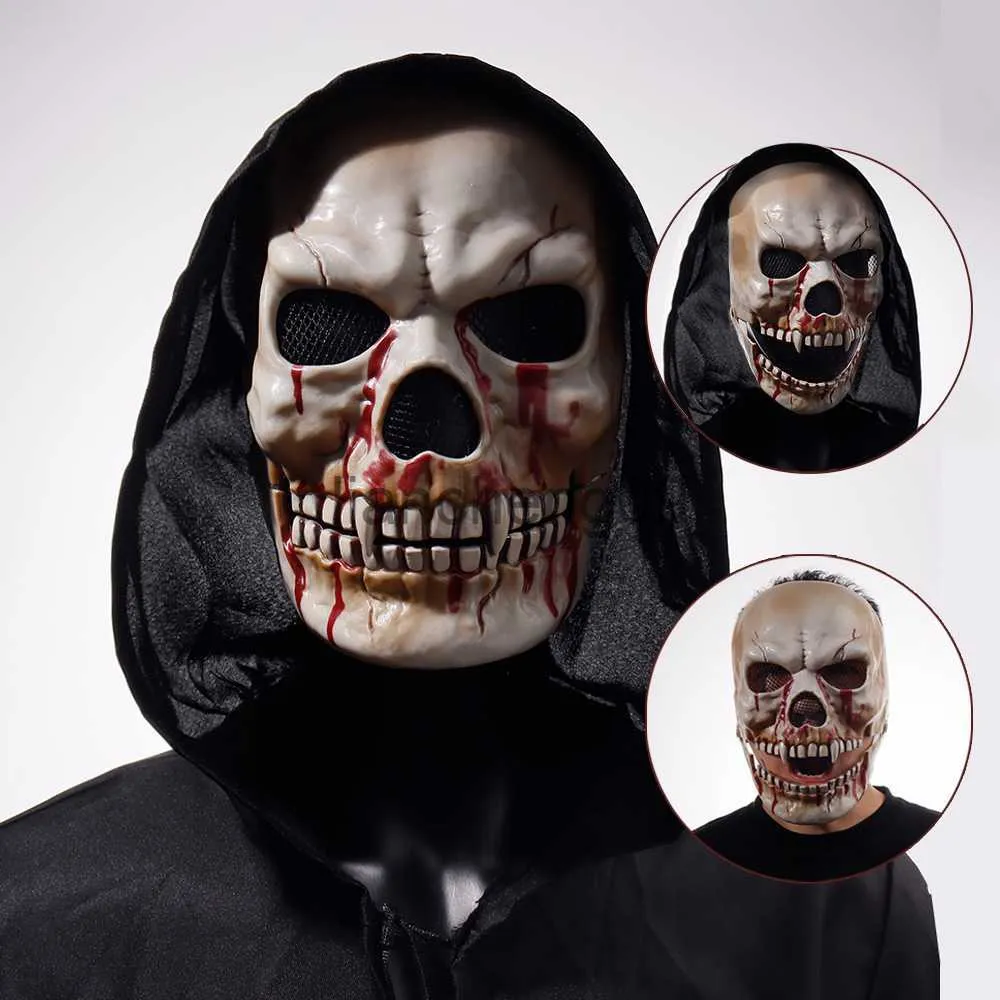 Party Masks Halloween Moveble Mouth Skull Mask Cosplay Horror Bloody Skeleton Killer Demon Plast Hjälm Haunted House Party Costume Props X0907