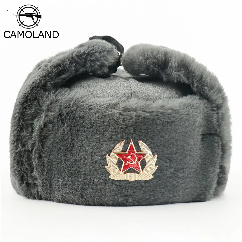 Beanieskull Caps Sovjet armé Militärmärke Ryssland Ushanka Bomber Hats Pilot Trapper Trooper Hat Winter Faux Rabbit päls öronfluft Män snö 230907