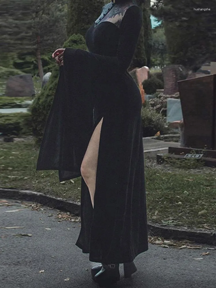Black Gothic maxi dress with High Waist, Flared Sleeves, Lace Cutout, and Velvet Partywear - Perfect for Casual and Street Style Parties Black Gothic maxi dress with High Waist, Flared Sleeves, Lace Cutout, and Velvet Partywear - Perfect for Casual and Street Style Parties