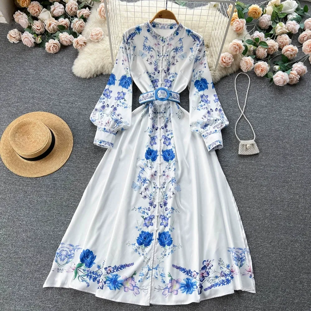 Spring and Autumn New Single breasted Standing Neck Palace Style Retro Print Large Swing Dress Waist Wrap Over Knee Length Dress