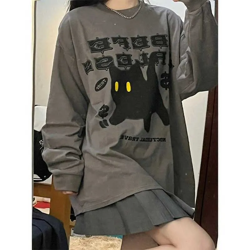 Deeptown Grunge Cat Tshirts Women Harajuku Korean Fashion Oversize Long Sleeve T Shirts Female Hip Hop Vintage Grey Top Loose