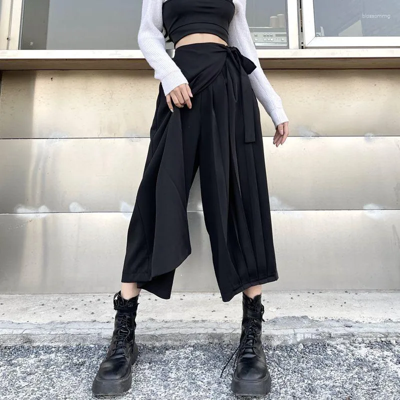 Dames broek rokstijl zwarte kuitlengte broek veters wijde pijpen baggy recht hoge taille broek Y2k streetwear zomer harajuku goth punk