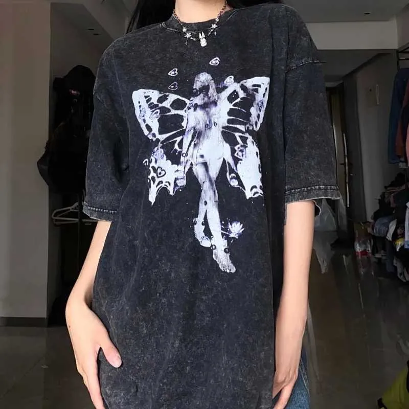 Deeptown Grunge Vintage Black T-shirts Women Kpop Streetwear Angel Print Kort ärm Top Harajuku Hippie Oversize Top Female