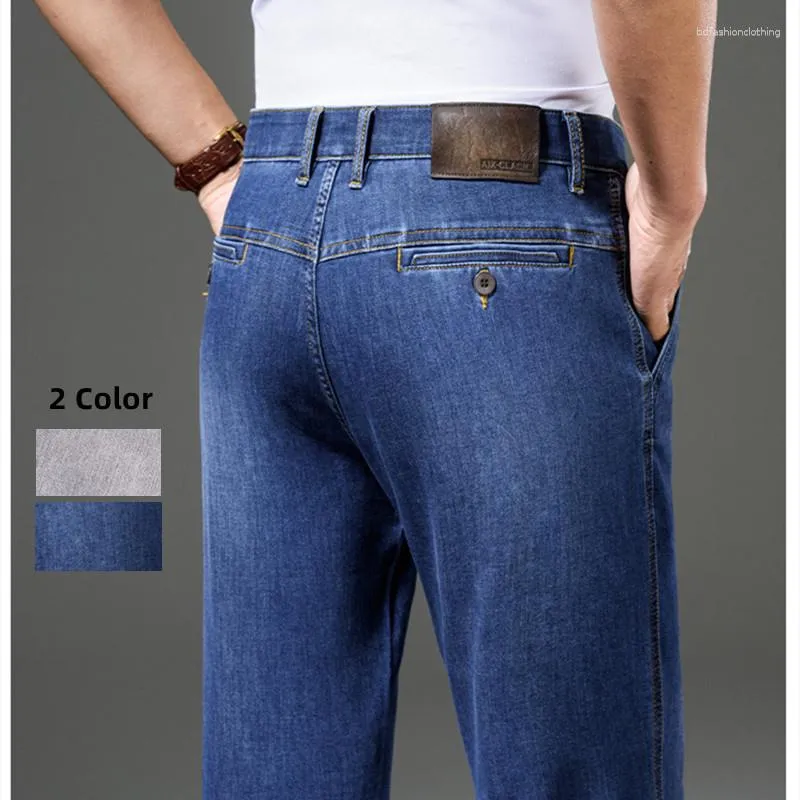 Jeans masculinos verão azul cinza para homens em linha reta cintura alta calças jeans casuais calças de algodão