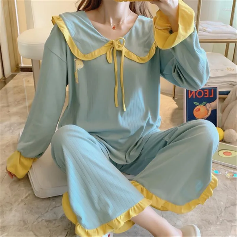 Women's Sleepwear Long-sleeve Pajamas Set Ladies Knitted Cotton Two-piece Suit Lapel Home Service Loose Pijamas Simple Sexy Nightgowns