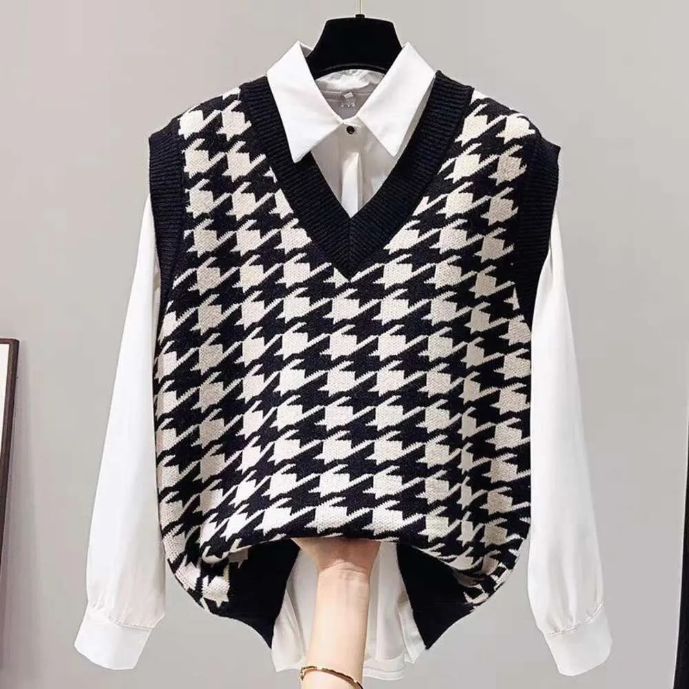 Puyuan Houndstooth gebreid vest voor dames Koreaans schattig mouwloos truijack