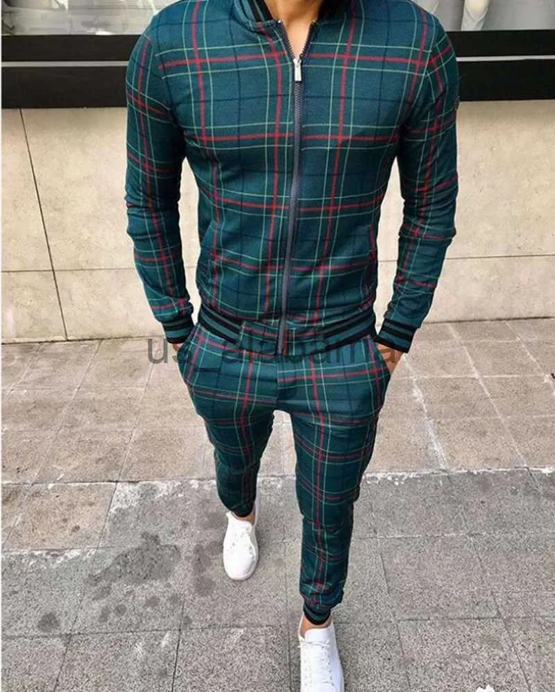 Herrspåriga män Set Casual Sportswear Suit Tracksuits Set Plaid Print Sweatshirt Jackets Coat + Pants Set Fashion Brand Male Two Piece Set X0907