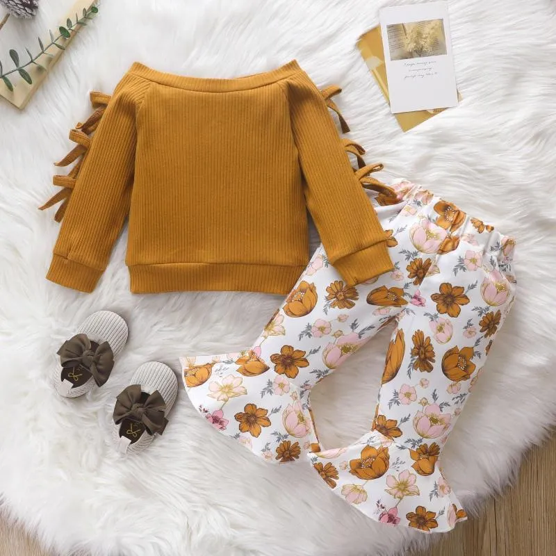 Ensembles de vêtements pour bébés garçons et filles, pull à manches longues, imprimé fleurs, pantalons trompette, tenues de 3 à 24 mois