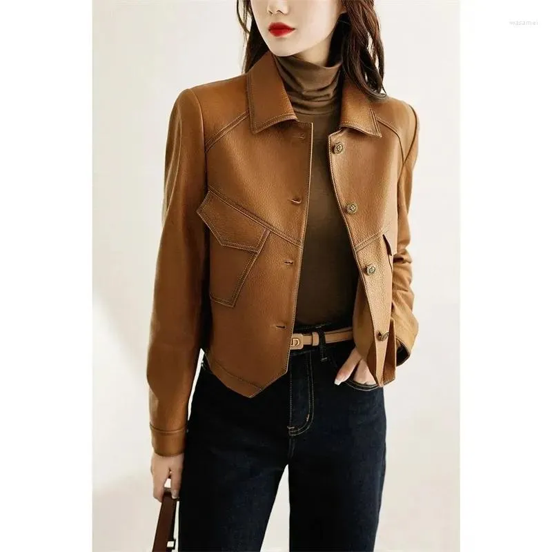 Женская кожаная куртка 2023, высококачественная коричневая женская верхняя одежда из искусственной кожи на пуговицах, весенне-осенняя модная короткая тонкая женская куртка