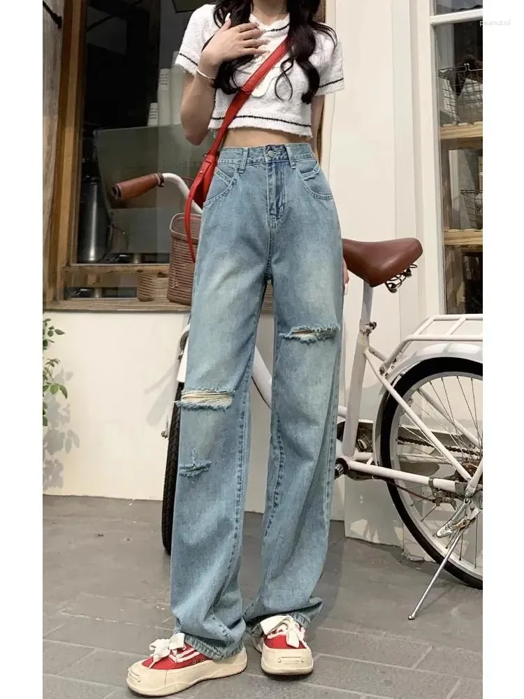 Jeans da donna Pantaloni da donna dritti a vita alta con foro stampato donna Mamma femminile per streetwear larghi