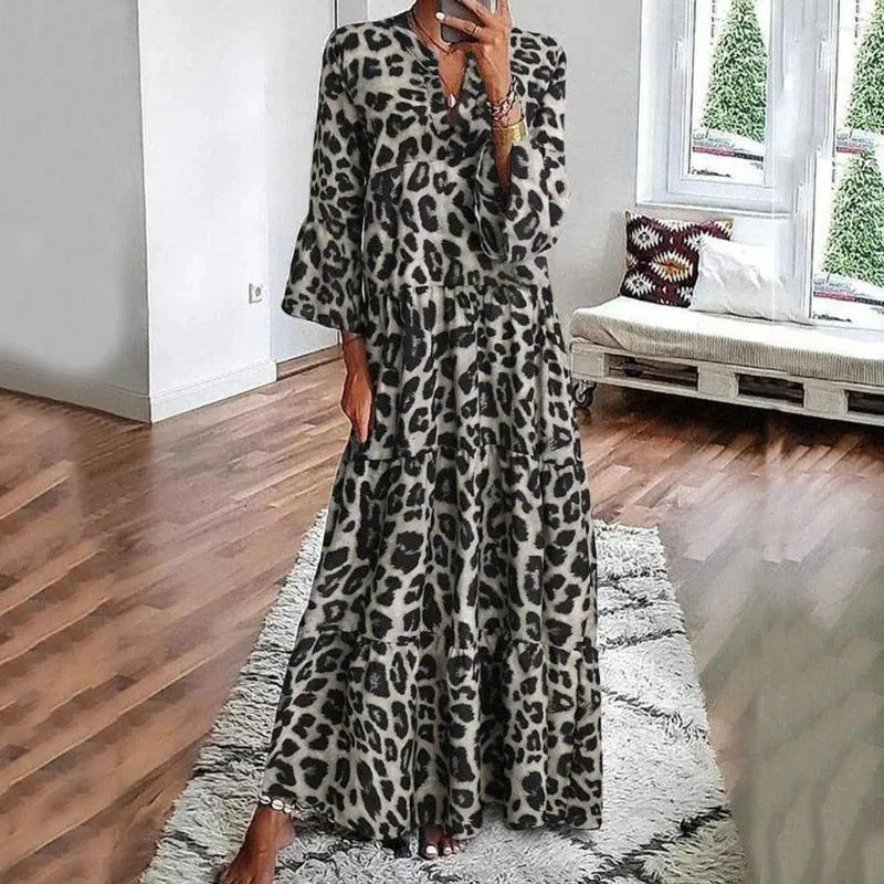 Casual Dresses Women Leopard Long Dress Sleeve V-Neck Loose Maxi Elegant Female Vestidos Robes Longues