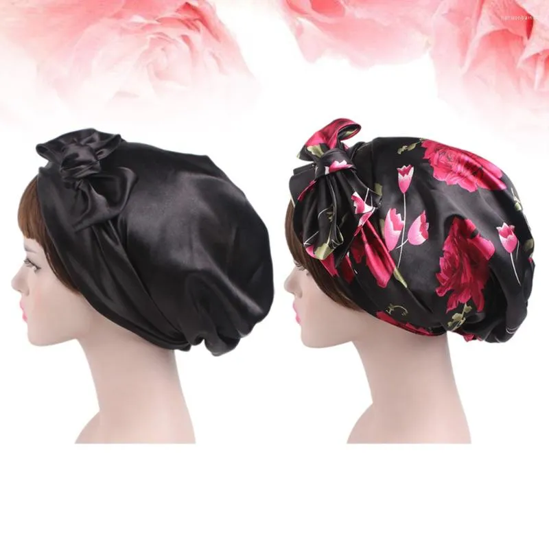 Beretten 2 stks Satin Bonnet Cap Bowknot Night Hat Hair Loss Chemo Caps voor Dreadlocks Braids Curly Long Sleeping