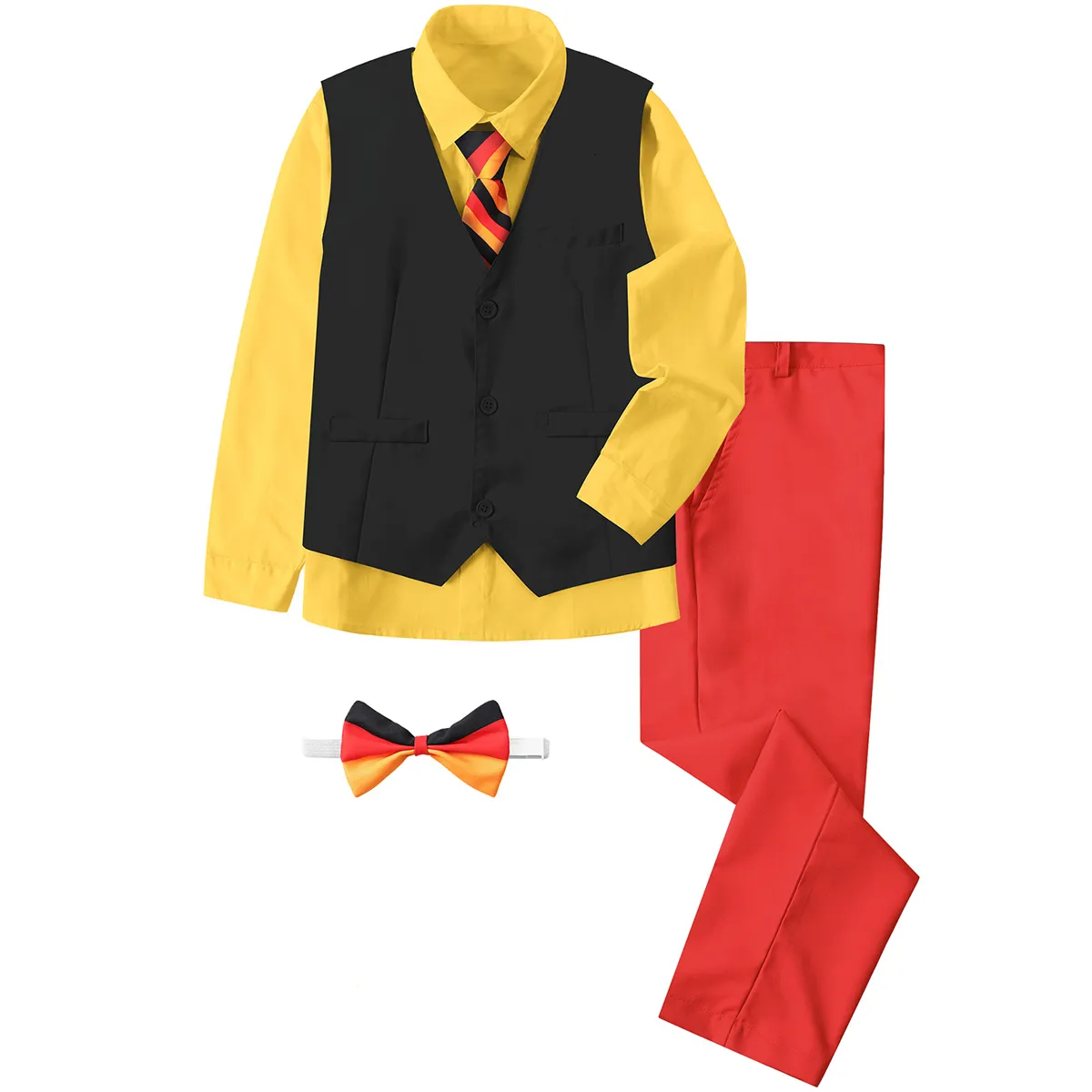 スーツボーイズスーツドイツ旗10月3日タキシードキッズパーティーフォーマル紳士服ドレスシャツベストパンツ衣料セット5pcs230906