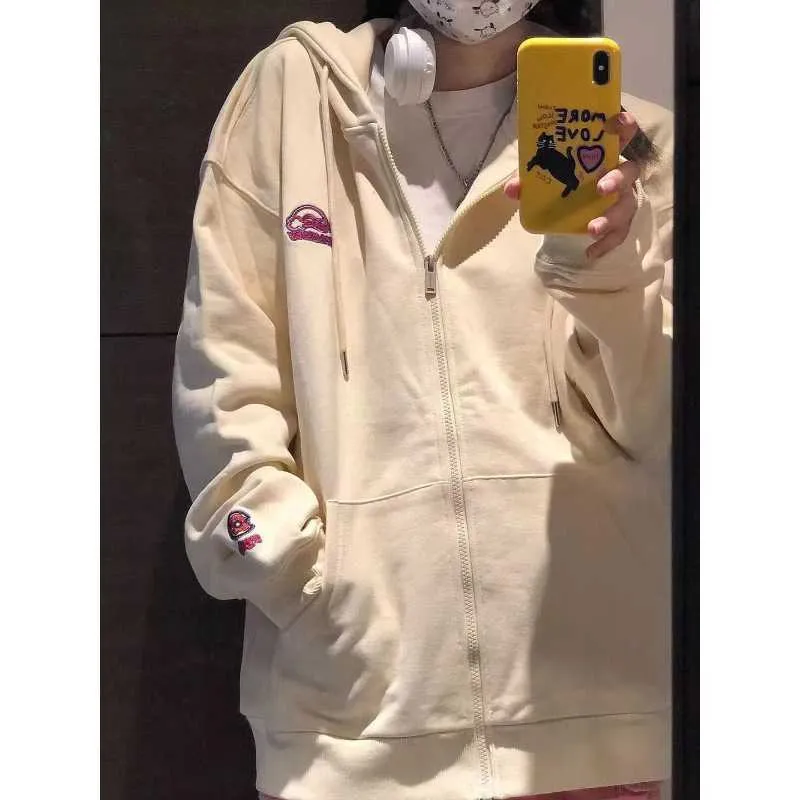 Korean Fashion Beige Zip Up Hoodie Women Harajuku Kpop Oversize Sweatshirt Preppy Style Vintage Embroidered Tracksuit