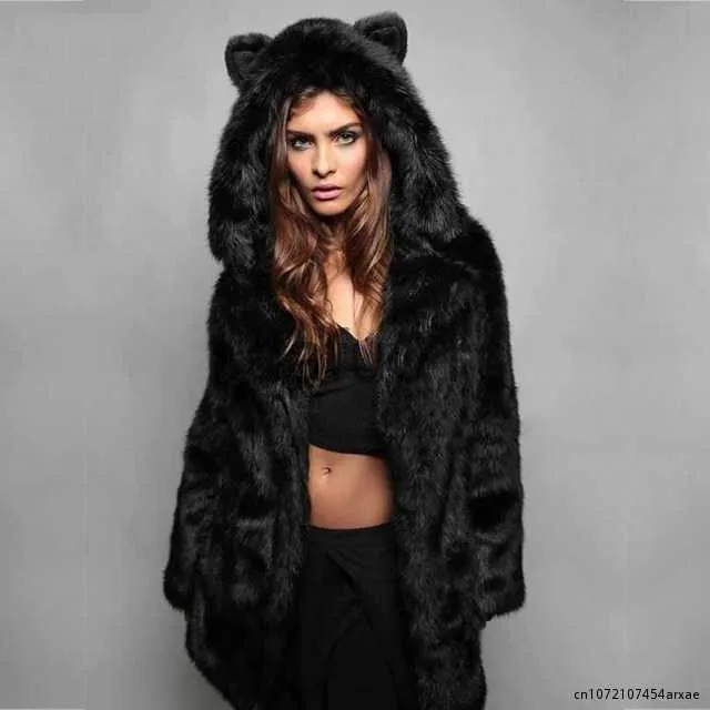 Mulheres Fur Faux Fur Inverno Longo Espesso Casaco De Pele Quente Mulheres Bonito Animal Orelha Com Capuz Casacos De Peles Negras Senhora Elegante Casaco X0907