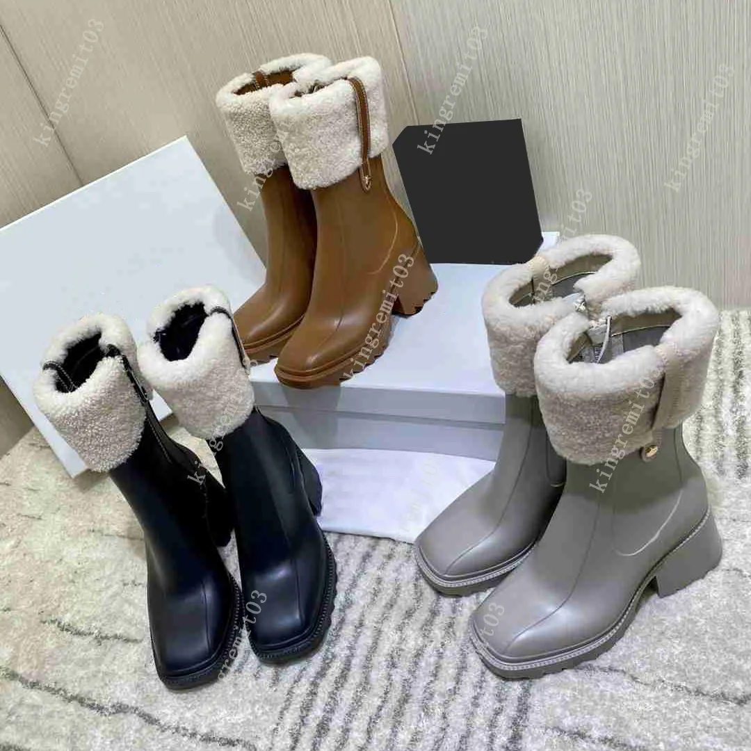 Designer Femmes Betty Bottes Furry Talons Hauts Bottes De Pluie Hautes Bottes De Pluie Imperméables Welly Plateforme Boot Chaussures De Pluie En Plein Air Chaussure D'usine De Luxe