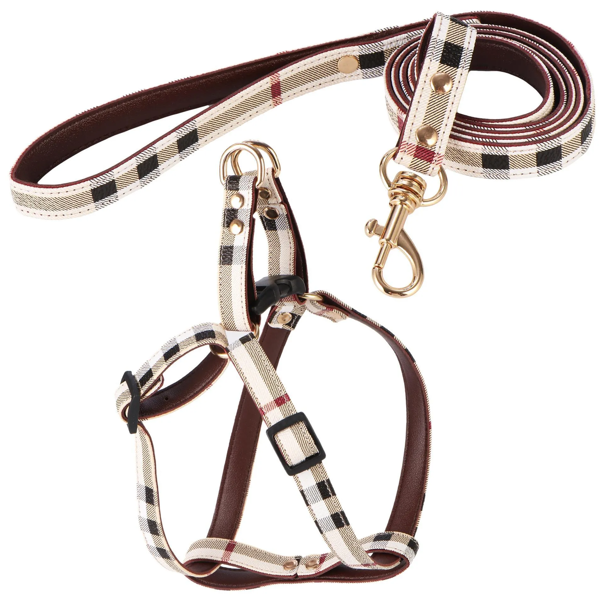 Dog Collars Leashes Designer Dog Collar And Leashes Set Classic Plaid Leather Leash Step In Pet Harnesses For Small Medium Dogs Cat Otwdb