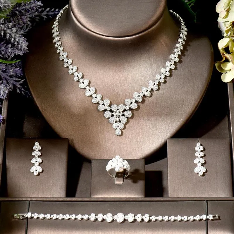 Halskette Ohrringe Set Mode Shiny Wide Flower Drop African Dubai CZ Hochzeit Brautkleid Schmuck Accessoires Bijoux N-1838