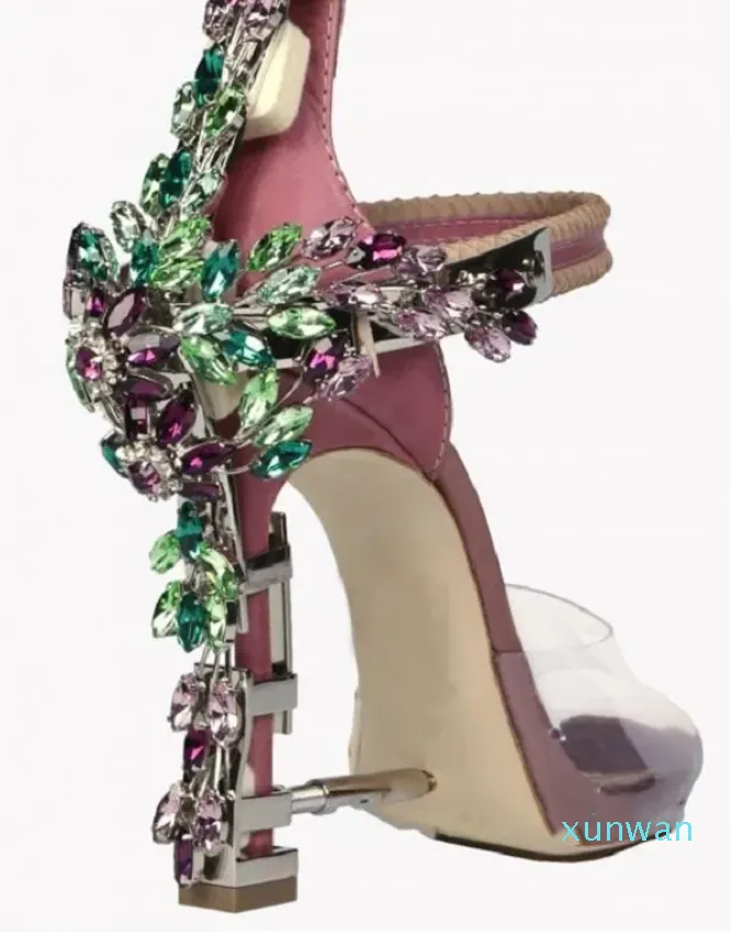 Scarpe firmate con tacco strano in cristallo Sandali con tacco alto da donna Sandali con strass con cinturino alla caviglia con lucchetto