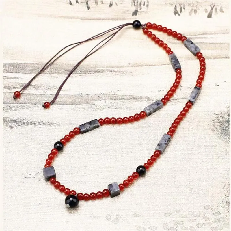 Pendants Folk-Custom Jewelry Charming Red Black Round Agate Beads Necklace Sweater Chain Handmade Vintage Mother's Day Gifts