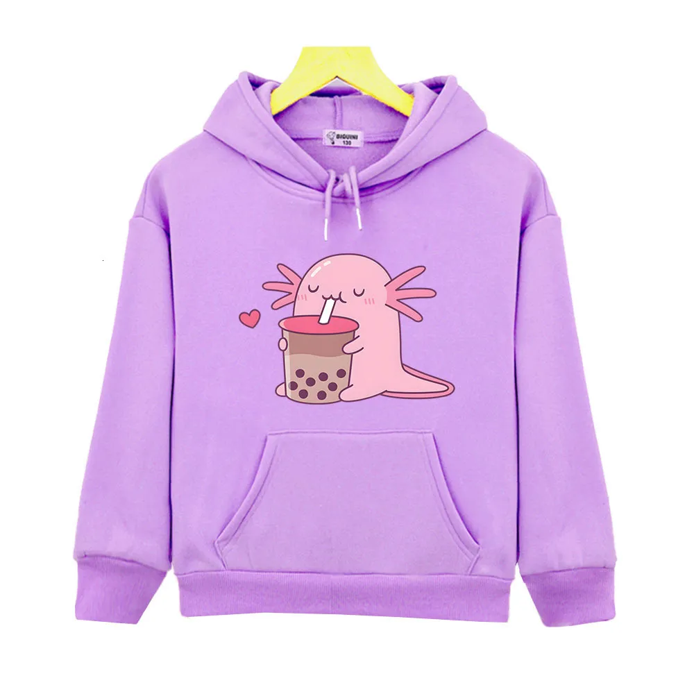 Pullover Chubby Axolotl Enjoys Bubble Tea Hoodie Kawaii Graphic Sweatshirt Kids Clothes Girls Y2k Sudaderas Boys Hoodies Unisex Pullover 230907