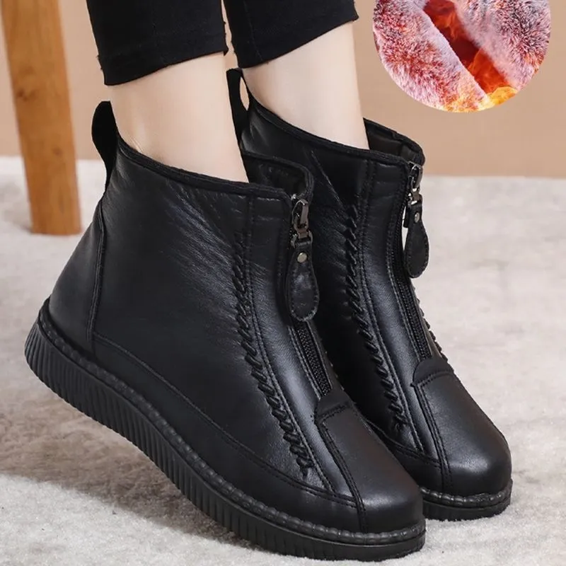 Botas de inverno mulheres tornozelo botas moda quente mãe botas de fundo plano confortável não deslizamento frontal zíper fechamento calçados femininos 230907