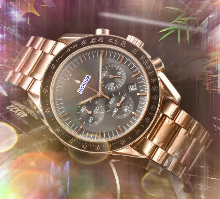 Relógio masculino de seis agulhas Lumious Quartz Cronômetro Mecânico Movimento Automático Relógio Cronógrafo de Luxo Sólido Fino Banda de aço inoxidável Grandes Relógios montre de luxe