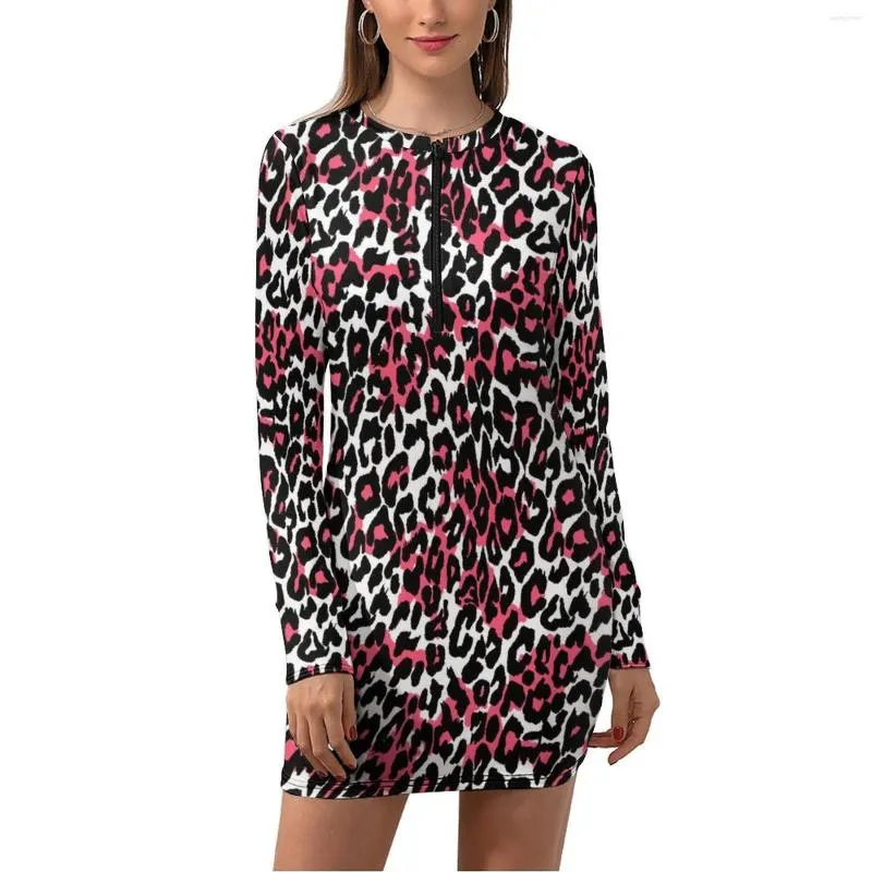 Casual Dresses Pink Leopard Dress Long Sleeve Animal Skin Print Aesthetic Summer Vintage Bodycon Women Graphic Oversize Clothing